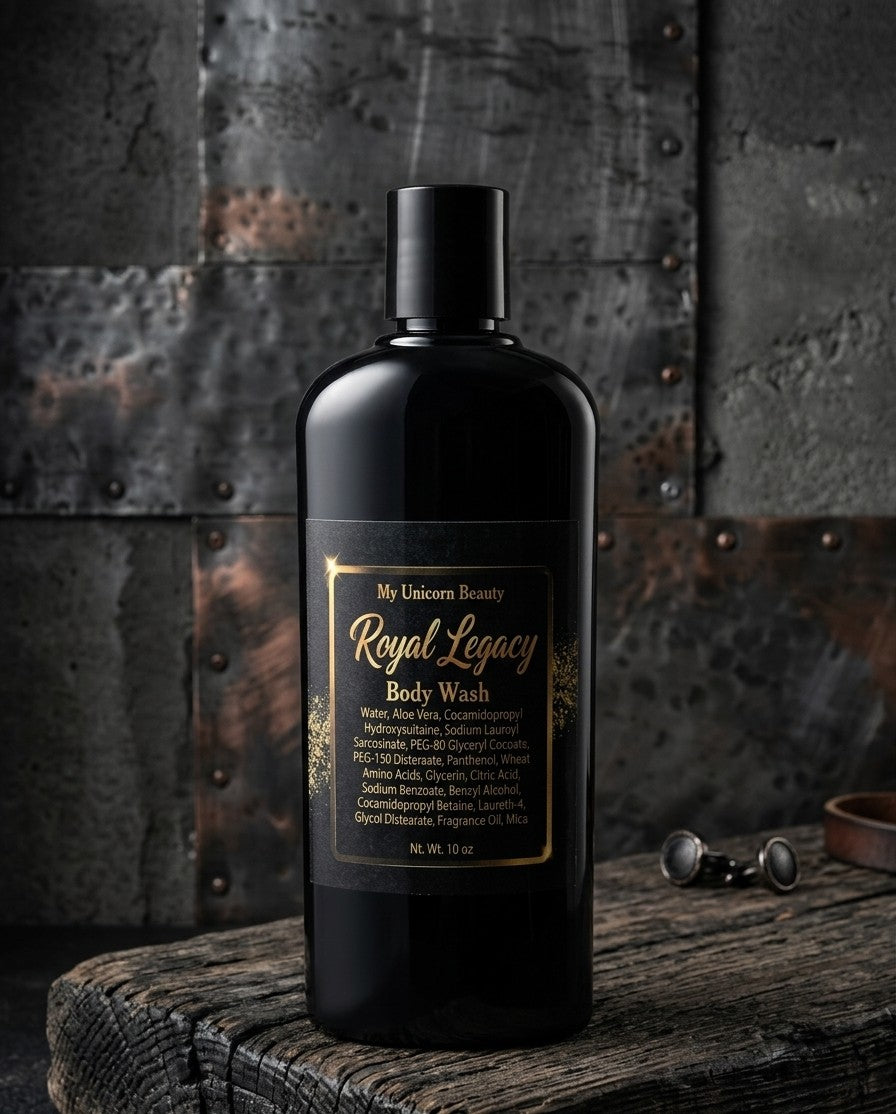 Black body wash bottle labeled 'Royal Legacy' on a rustic wooden surface with a metallic background.