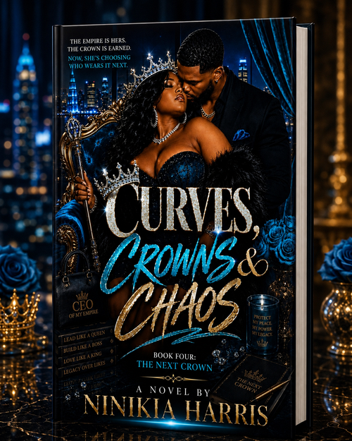 A hardcover novel titled "Curves, Crowns & Chaos" by Ninikia Harris, shown standing upright against a dark, luxurious background with blue drapery, gold lighting, and a blurred city skyline. The cover features an illustrated couple in royal attire with prominent blue, black, white, and gold tones.
