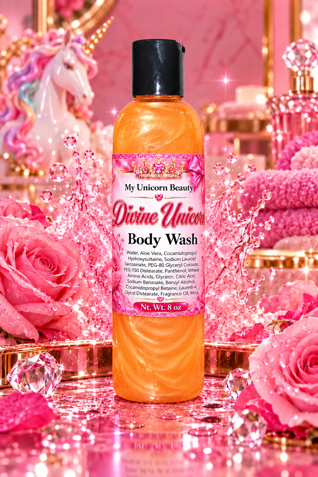 A bottle of My Unicorn Beauty Divine Unicorn Body Wash filled with orange liquid, set against a highly stylized pink and gold carousel-themed background with roses, crystals, and a unicorn figurine.