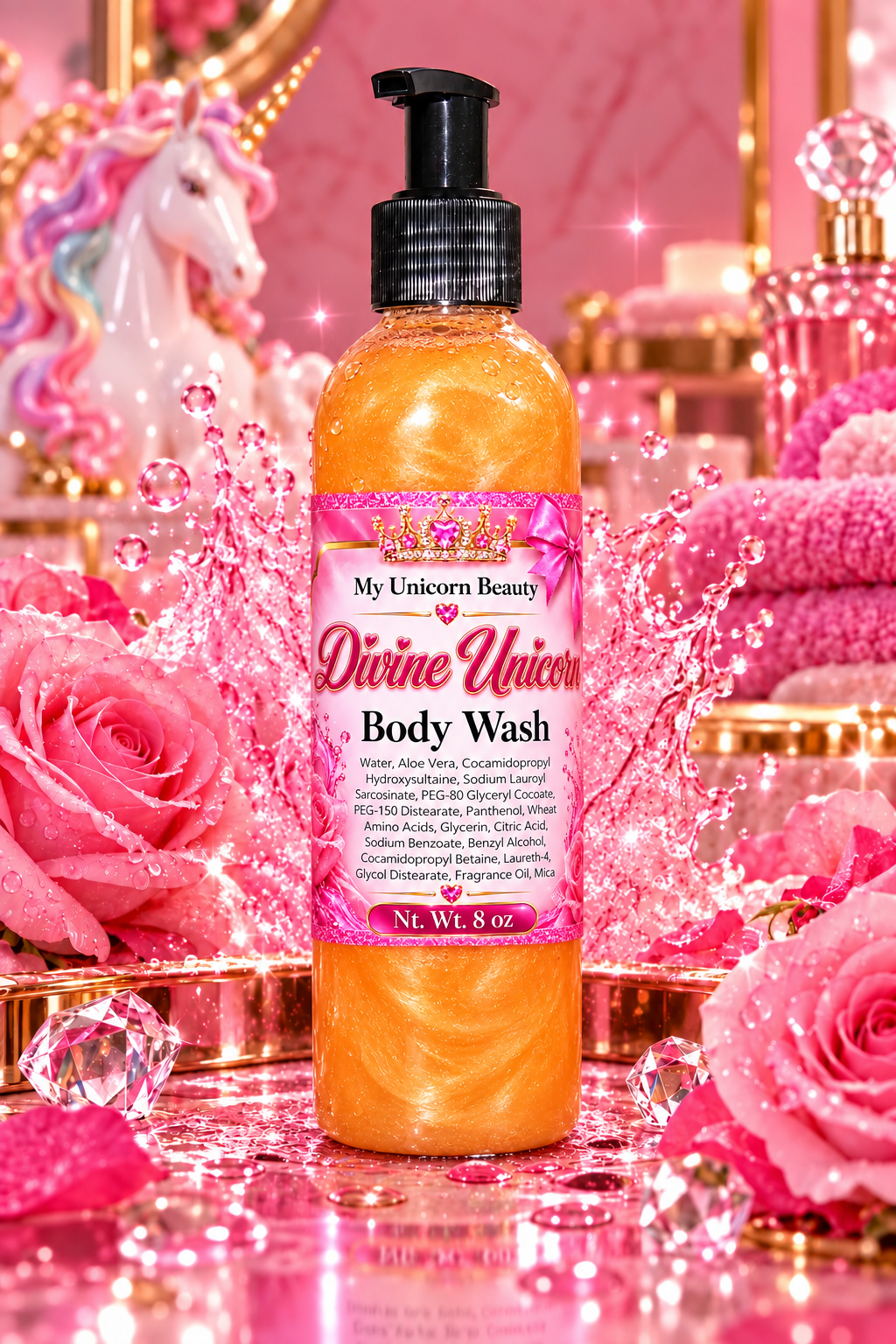 A bottle of Divine Unicorn Body Wash with orange glittery liquid inside, set against a highly stylized pink fantasy background featuring roses, sparkles, and a unicorn figurine.