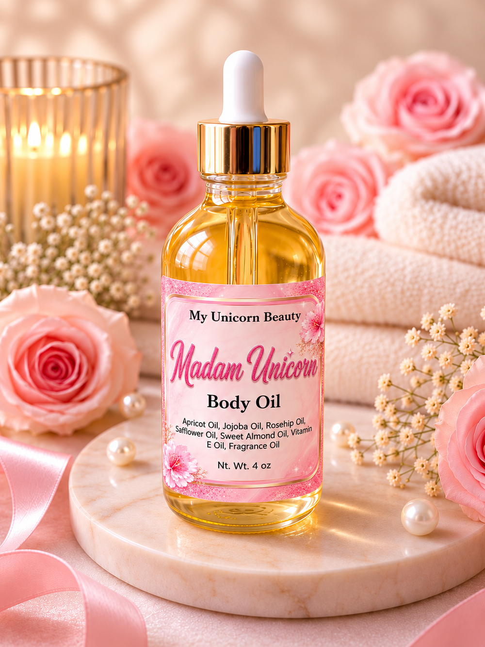 A bottle of My Unicorn Beauty Madam Unicorn Body Oil stands on a round marble tray, surrounded by pink roses, white pearls, baby's breath, a lit candle, and folded white towels in a soft, spa-like setting.