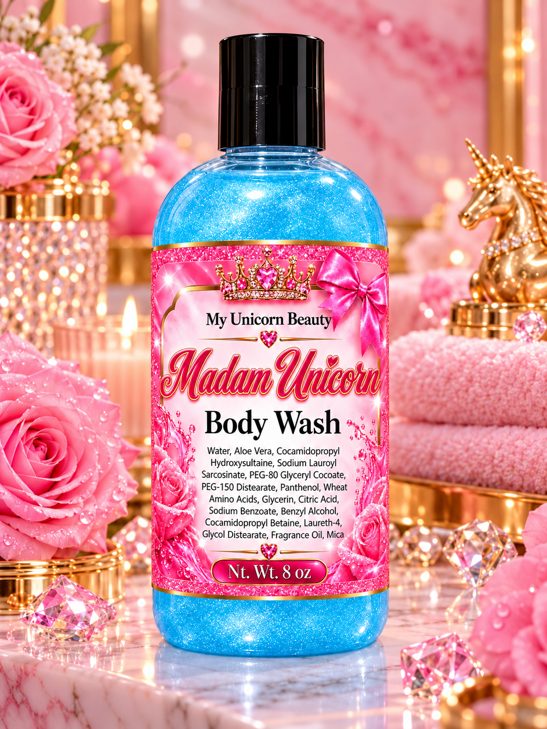 A bottle of My Unicorn Beauty Madam Unicorn Body Wash with blue glittery liquid inside, set against a highly styled pink and gold background featuring roses, crystals, and a unicorn figurine.