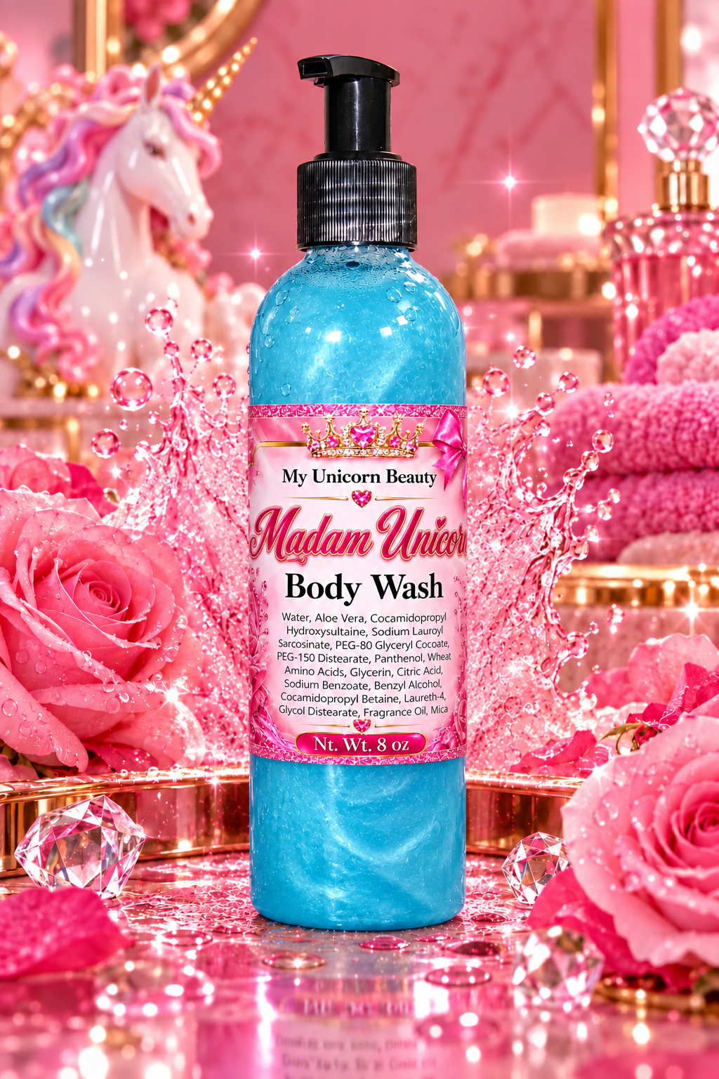 A bottle of My Unicorn Beauty Madam Unicorn Body Wash stands centered on a pink glittery surface with pink roses, crystals, and a unicorn figurine in the background.