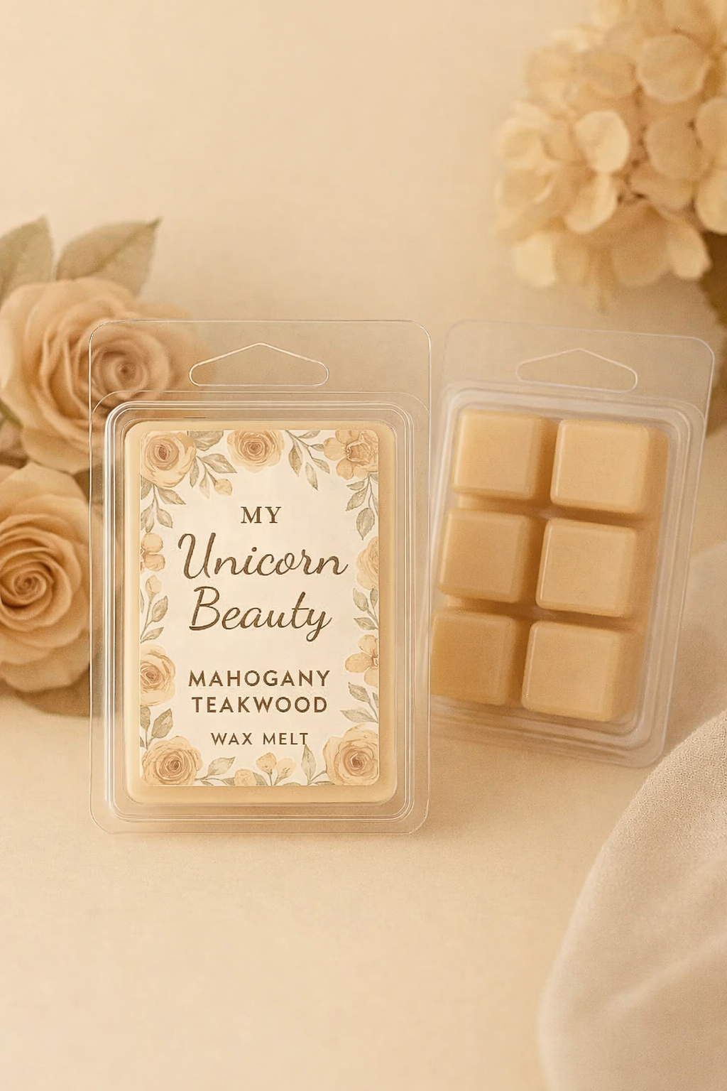 Wax melt packaging with floral design and text on a beige background