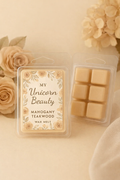 Wax melt packaging with floral design and text on a beige background
