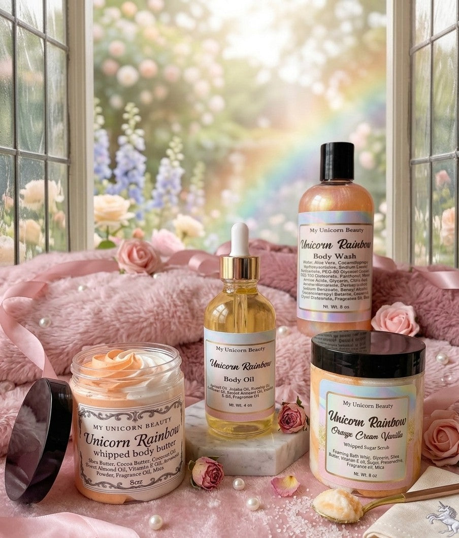 Collection of unicorn-themed body care products with a rainbow and floral background