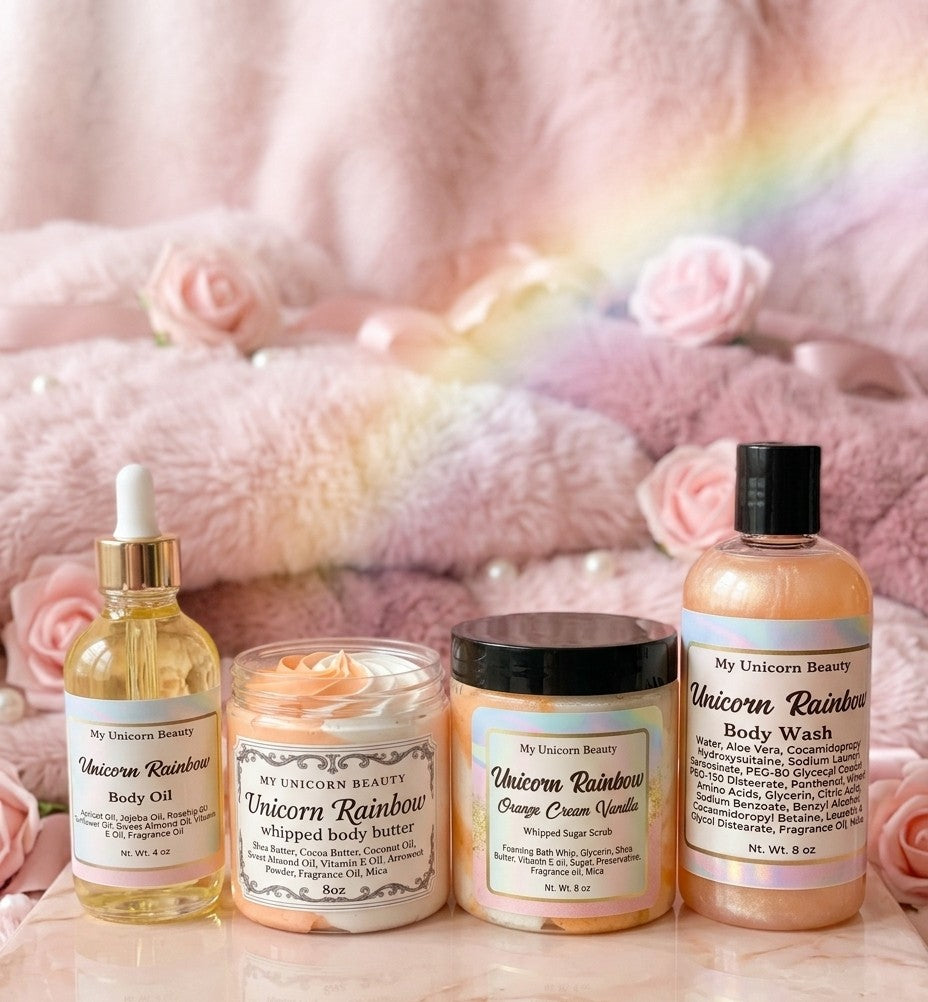 Collection of 'My Unicorn Beauty' skincare products with a rainbow and pink roses in the background.