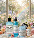 Collection of Madam Unicorn beauty products with a rainbow and flowers in the background