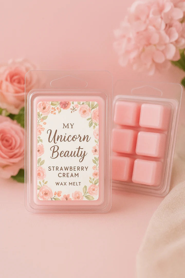 Pink wax melts in a packaging with floral design and text on a pink background