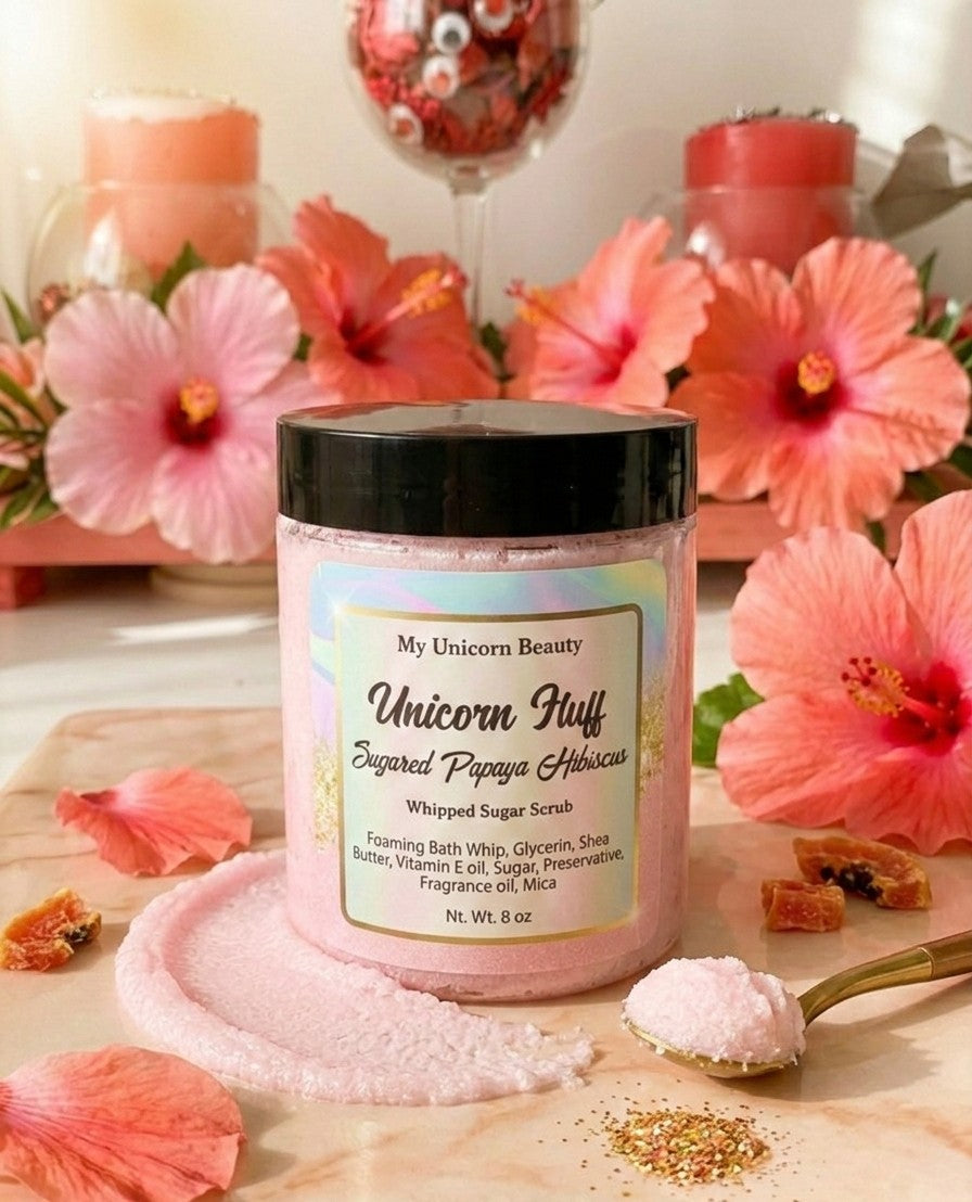 Unicorn Fluff Sugar Scrub (Sugared Papaya & Hibiscus Scented) My Unicorn Beauty