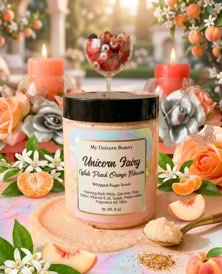 Unicorn Fairy Sugar Scrub (White Peach Orange Blossom Scented) My Unicorn Beauty