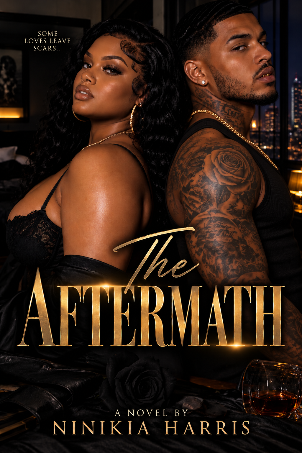 Book cover for 'The Aftermath' by Ninikia Harris, featuring a dark romance-style photograph of a Black woman in a black lace dress and a tattooed man in a black tank top, seated back-to-back with the title in large gold lettering.