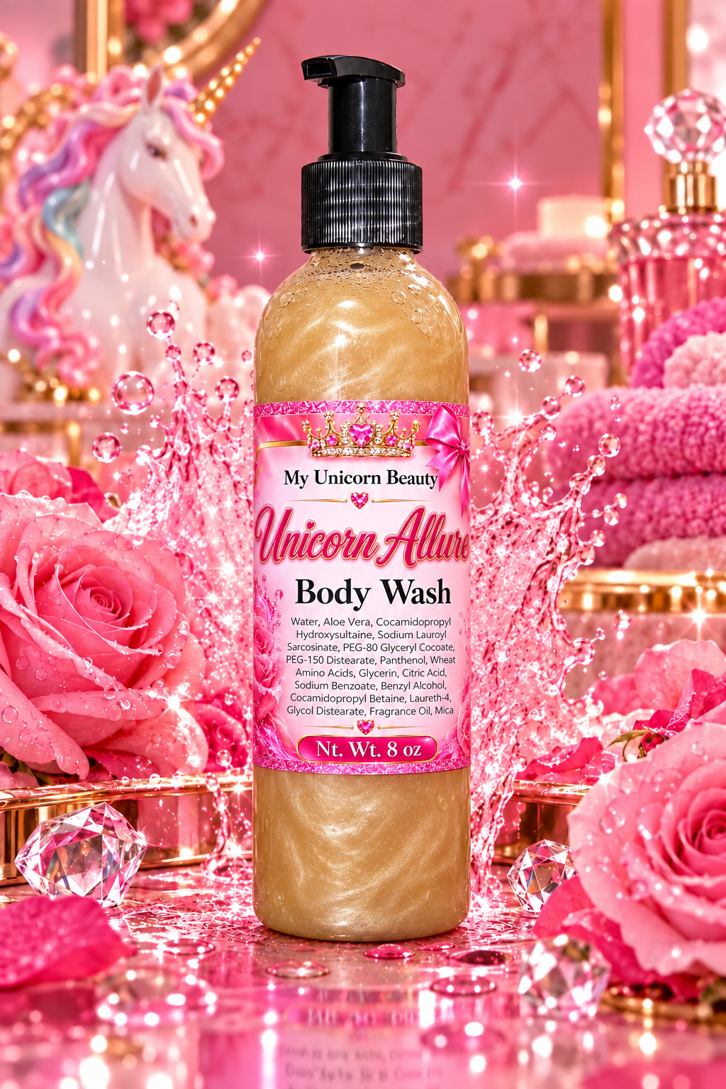 A bottle of My Unicorn Beauty Unicorn Alliance Body Wash stands in the center of a pink, glittery, and whimsical scene with water splashes, pink roses, and a unicorn figurine in the background.