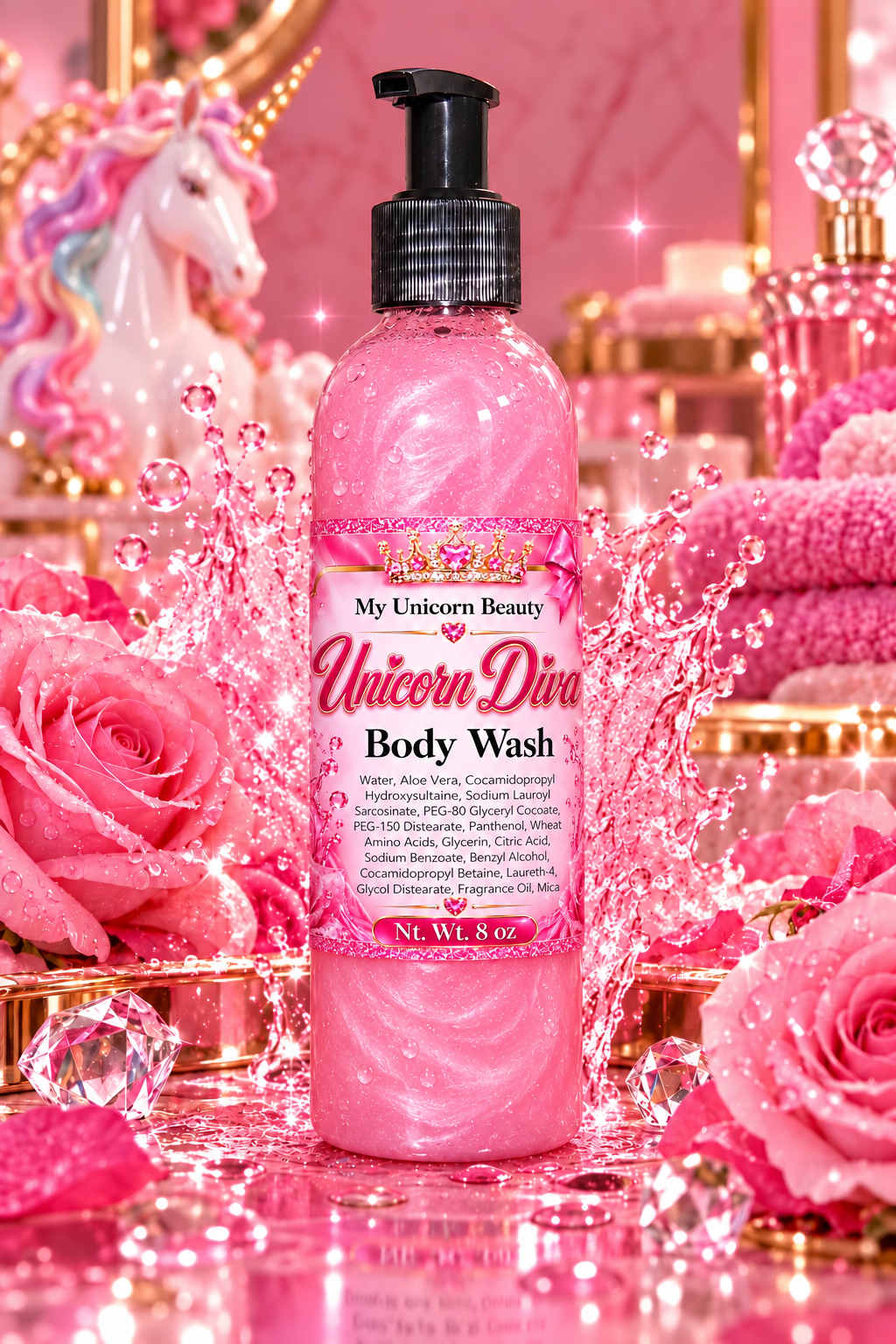 Pink body wash bottle labeled 'My Unicorn Beauty Unicorn Diva Body Wash' with a black pump, surrounded by pink roses, sparkles, and a whimsical pink fantasy-themed background.
