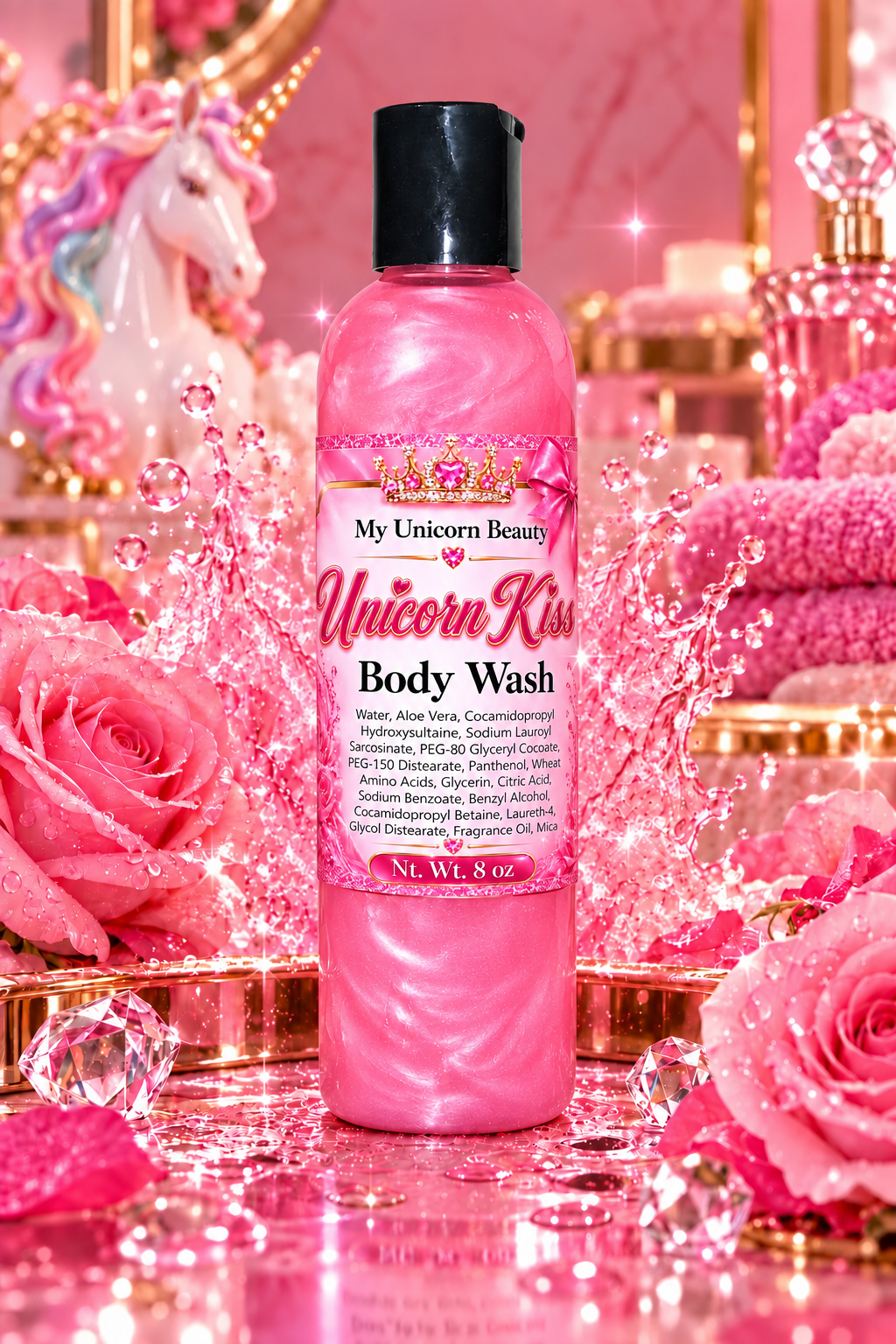 Pink bottle of My Unicorn Beauty Unicorn Kiss Body Wash, surrounded by pink roses, sparkles, and a whimsical unicorn-themed background.
