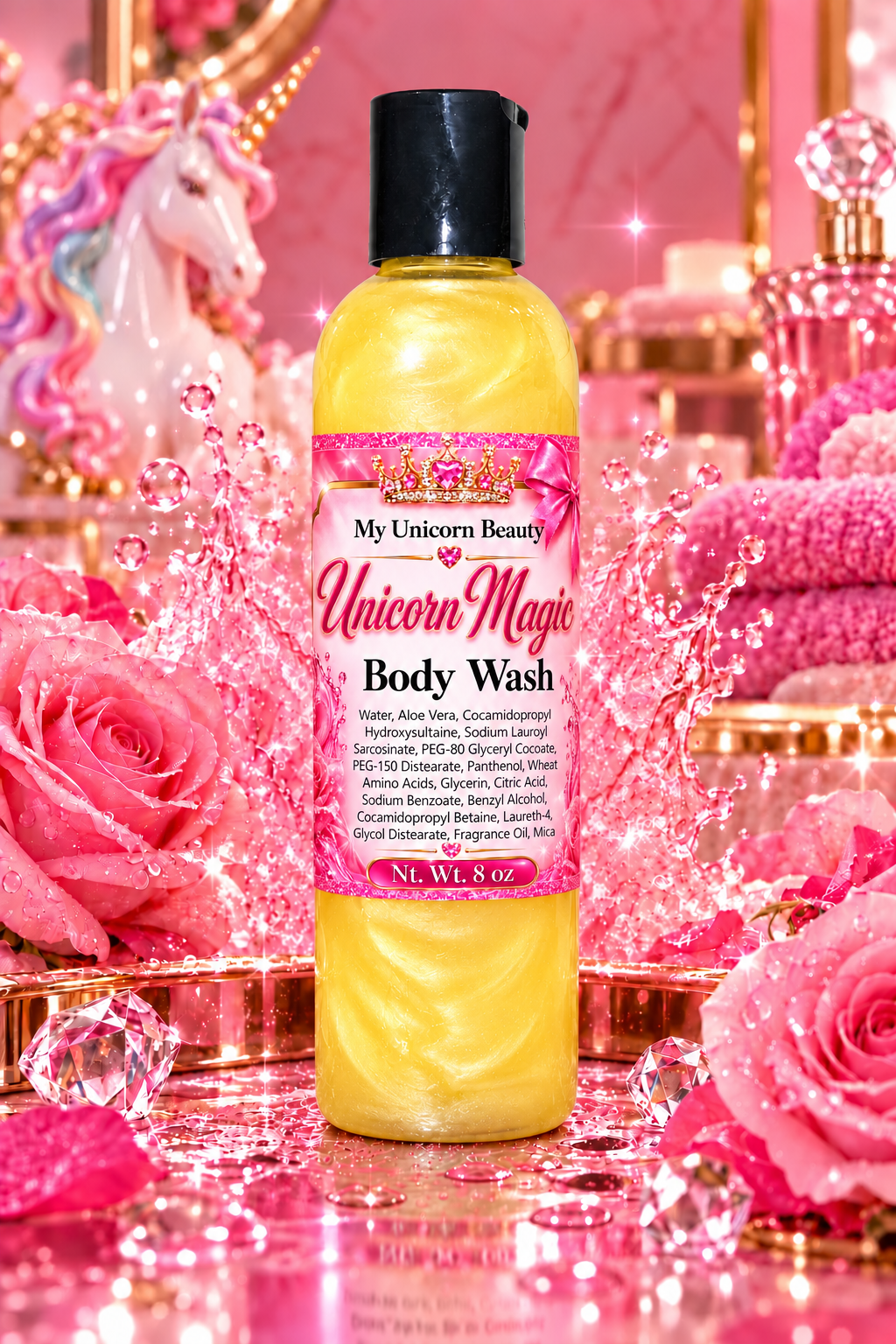 A bottle of My Unicorn Beauty Unicorn Magic Body Wash stands in the center of a highly stylized, pink-themed scene with pink roses, sparkles, and a unicorn figurine.
