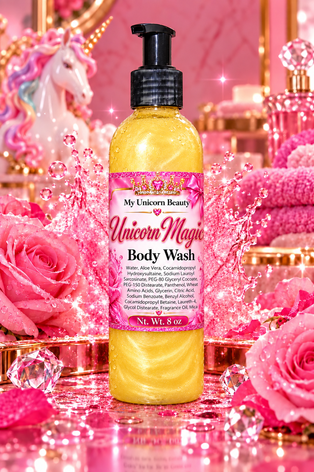 A bottle of My Unicorn Beauty Unicorn Magic Body Wash filled with yellow liquid, set against a highly stylized pink background with roses, crystals, and a unicorn figurine.