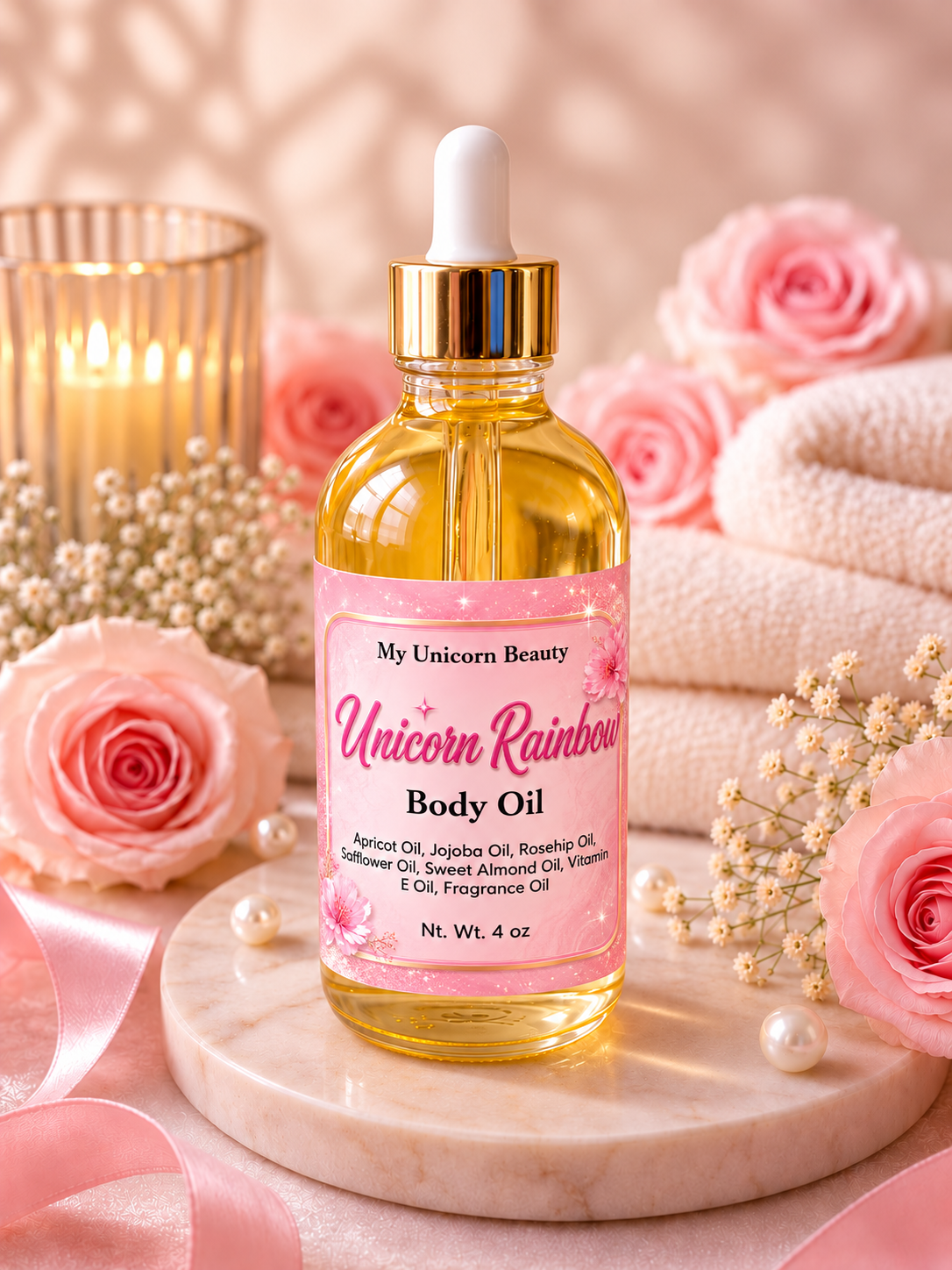 A bottle of 'Unicorn Rainbow' body oil by 'My Unicorn Beauty' sits on a marble tray surrounded by pink roses, a lit candle, and folded towels, creating a cozy spa-like setting.
