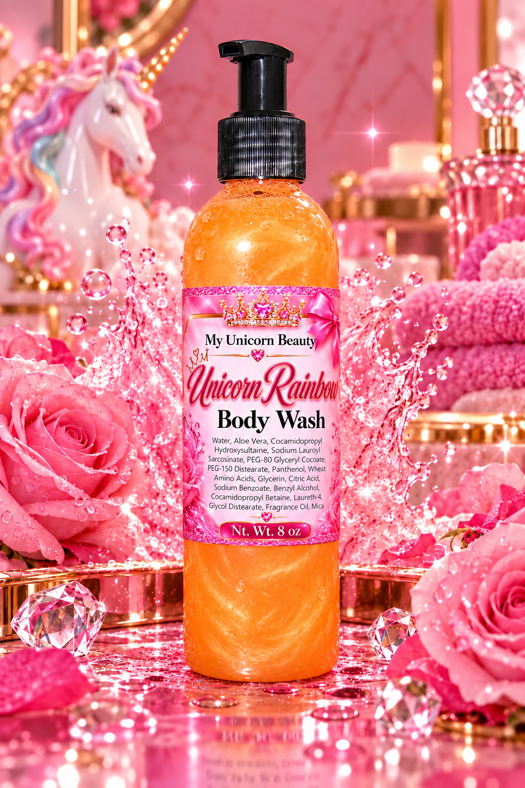 A bottle of My Unicorn Beauty Unicorn Rainbow Body Wash filled with orange liquid, set against a highly stylized pink background with roses, crystals, and a unicorn figurine.