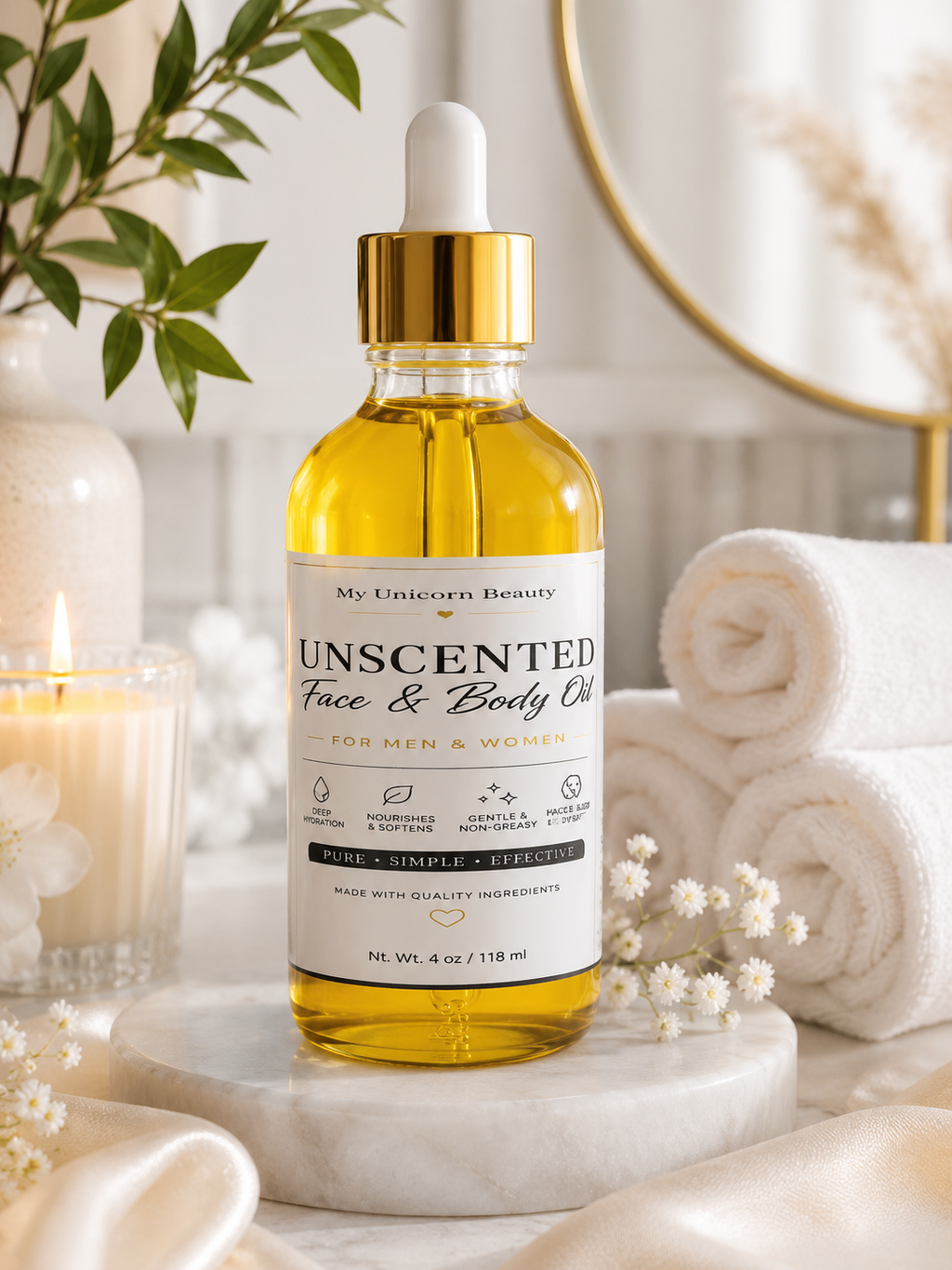 A bottle of 'My Unicorn Beauty' Unscented Face & Body Oil with a white label and gold cap, styled on a marble slab with rolled towels, a lit candle, and soft beige decor in the background.