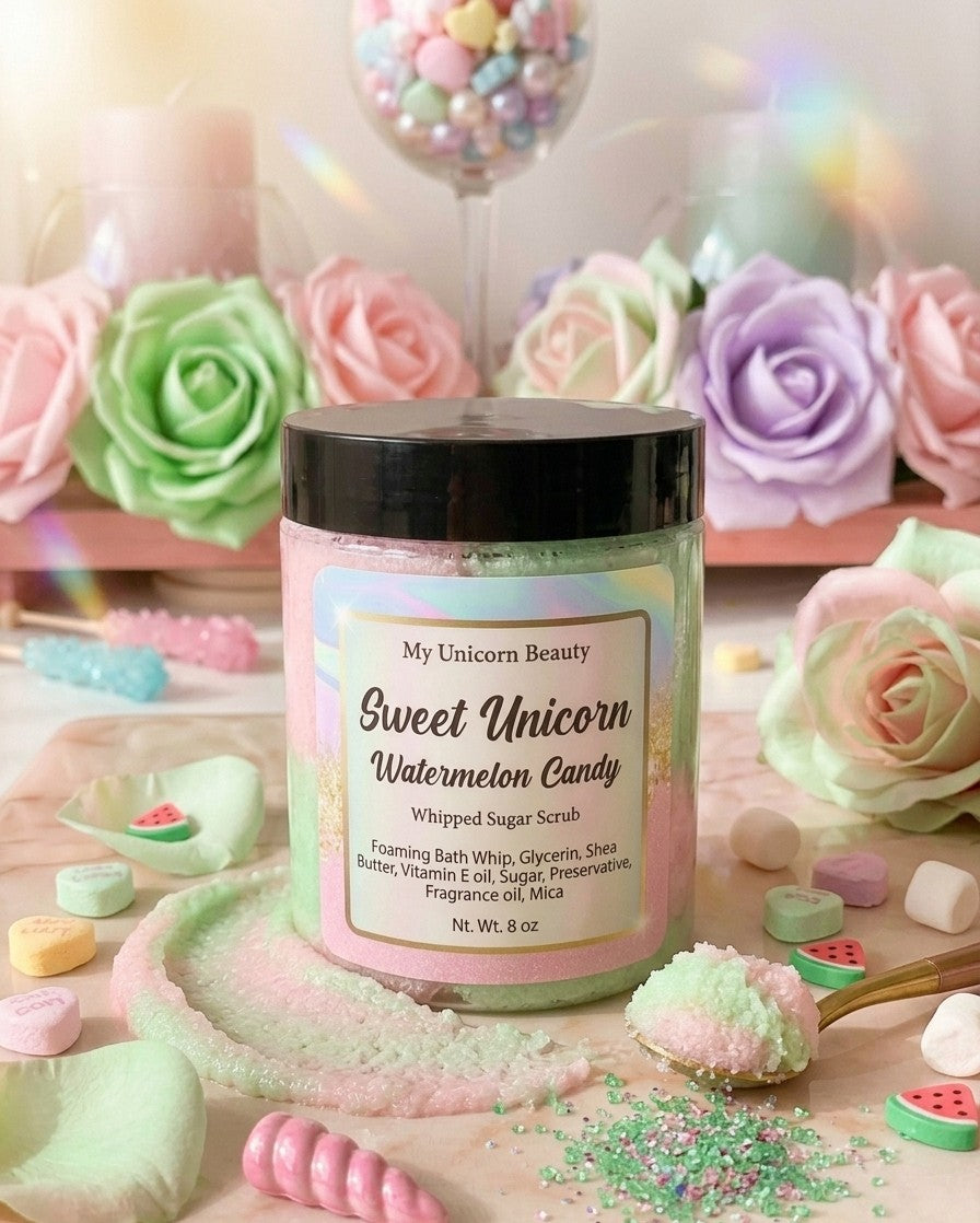Jar of 'Sweet Unicorn Watermelon Candy' whipped sugar scrub with pastel flowers and candy in the background