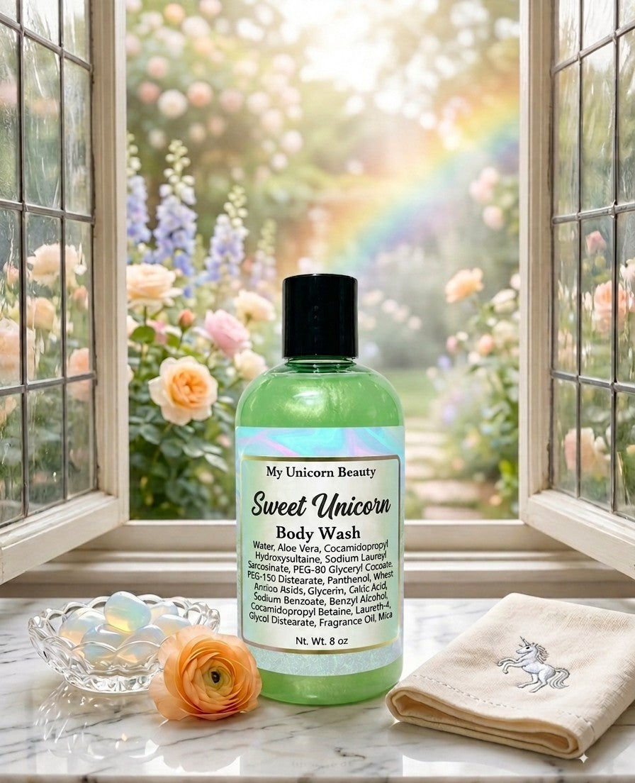 Bottle of Sweet Unicorn body wash on a windowsill with flowers and a rainbow outside.