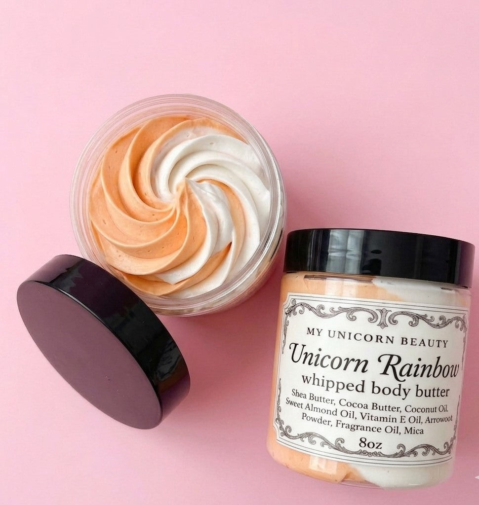 Unicorn Rainbow whipped body butter with a label on a pink background