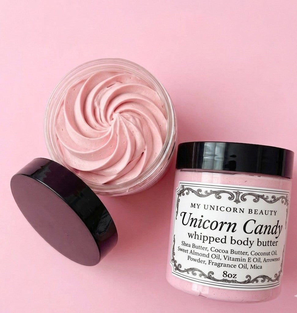 Pink whipped body butter with a labeled container on a pink background
